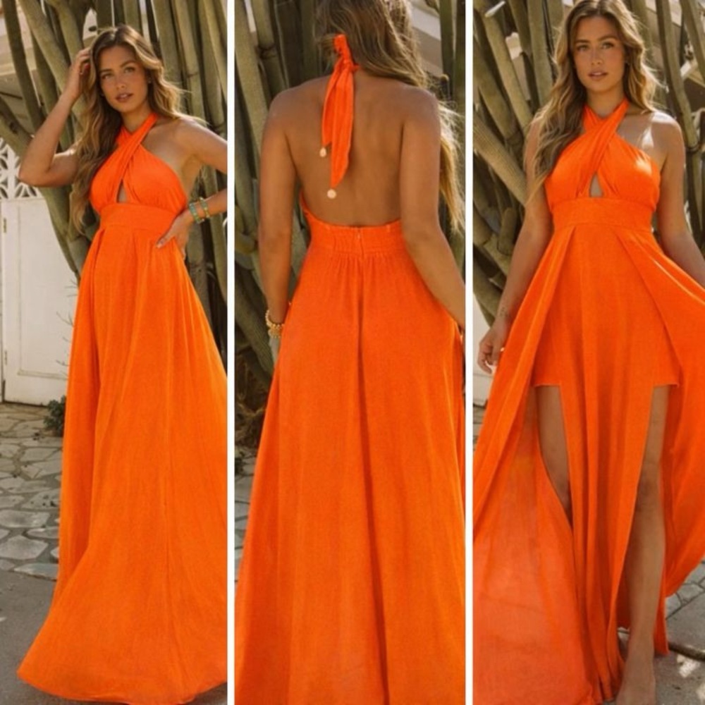 A. Peach VICI Coral/Orange Backless Dress - XS